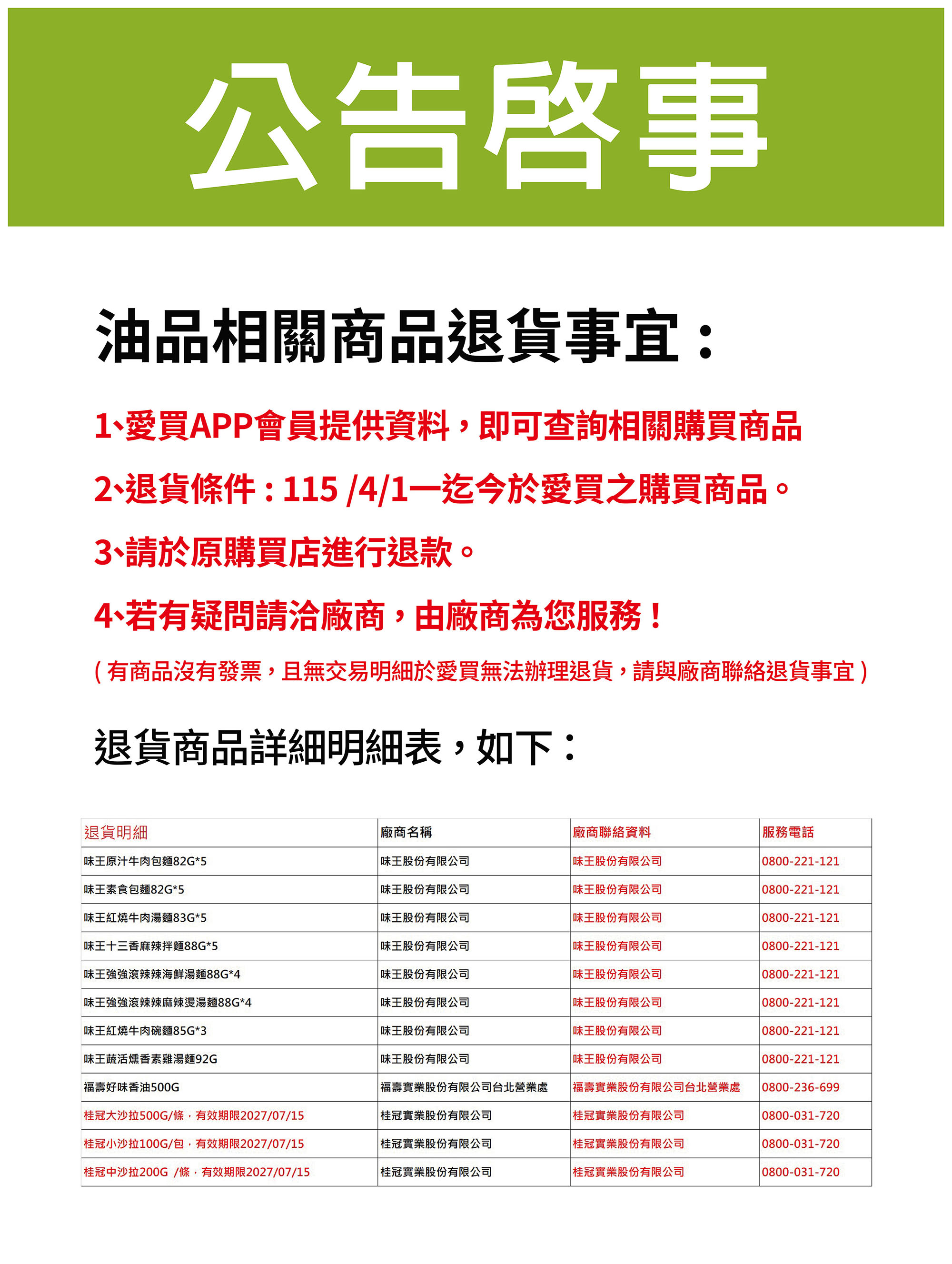 2026年油品商品退貨事宜公告圖一